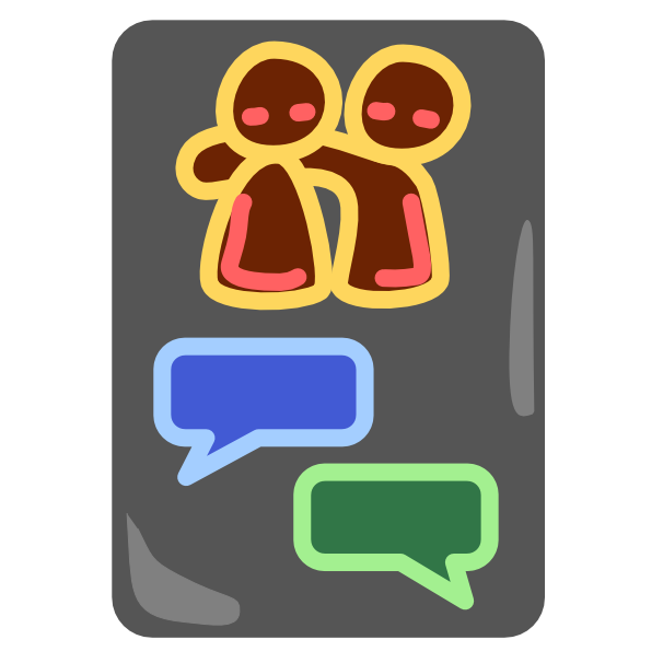 2 people with brown skin and yellow outlines, the one on the right with its arm around the other, above a darker blue incoming message with light blue outline above a darker green outgoing message with light green outline, all on a grey phone screen with white outline